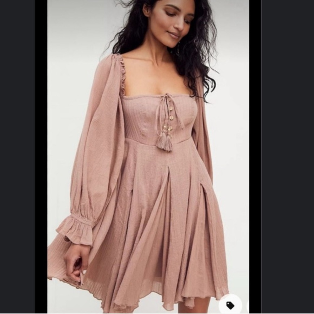 Free People How About You Mini Dress Size M Smocked Lace Up Bodice Puff Sleeve